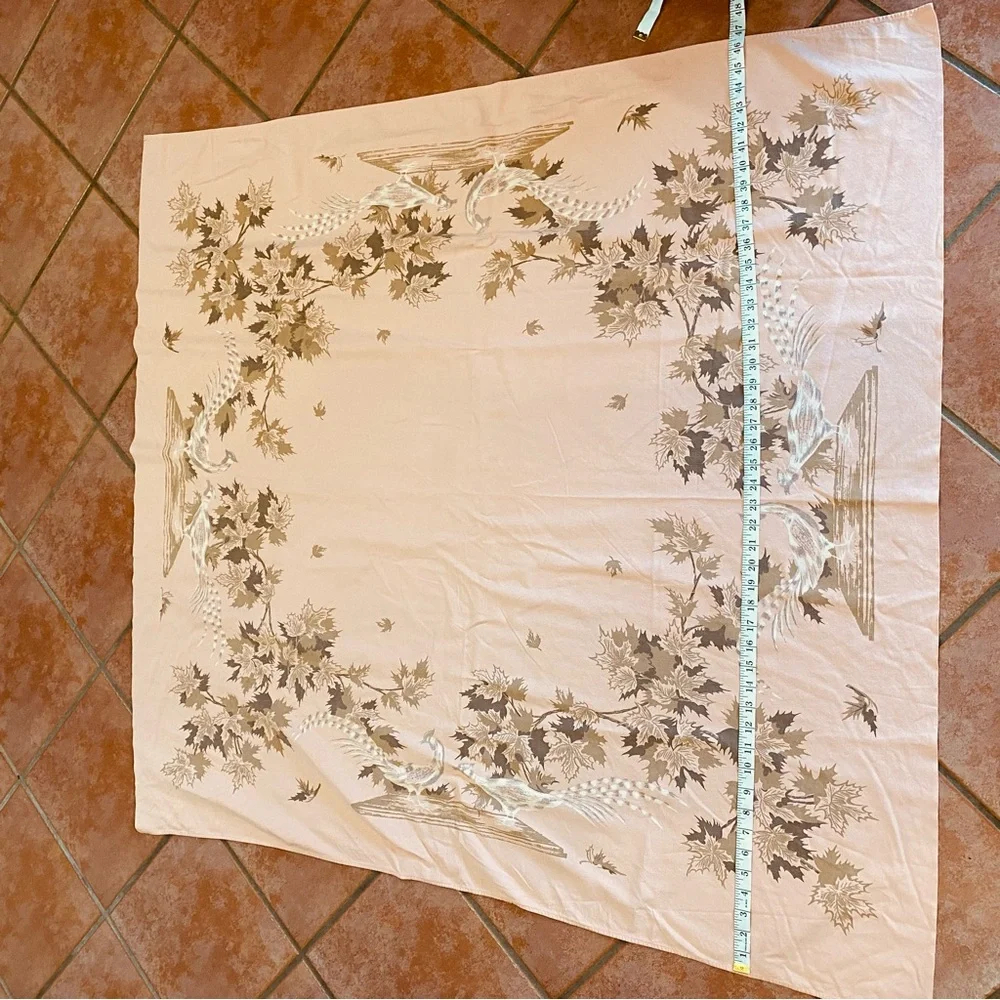 Vintage Peach Table Cloth Gold Brown Maple Leaves & Pheasants 50X48 MCM Square